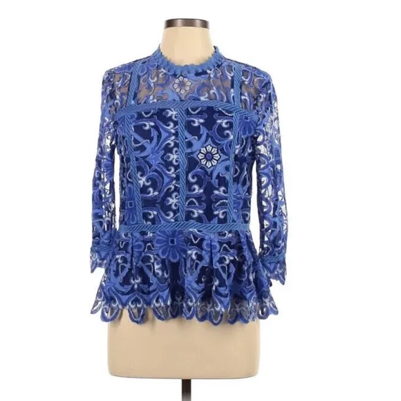 NEW Anthropologie HD in Paris Blue Long Sleeve Lace Blouse Size 00 (runs large) - Picture 1 of 7